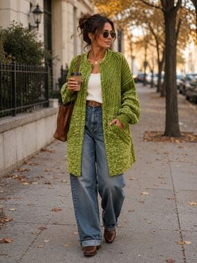 Chunky Handmade Moss Green Marled Cardigan Sweater Ribbed Yoke Pockets L